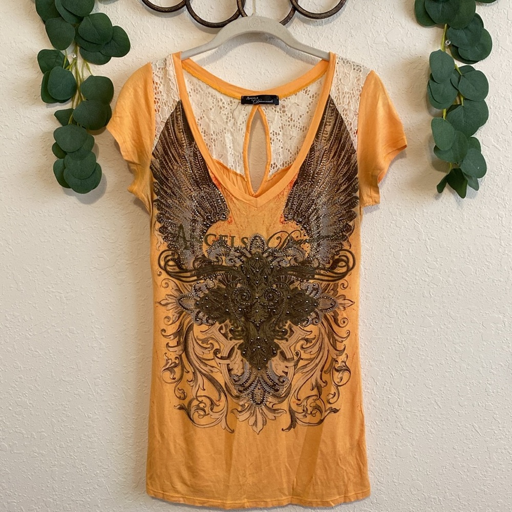 Vintage Y2K Grunge Mall-Goth Angels & Diamonds Studded Wings Rhinestone Top✨